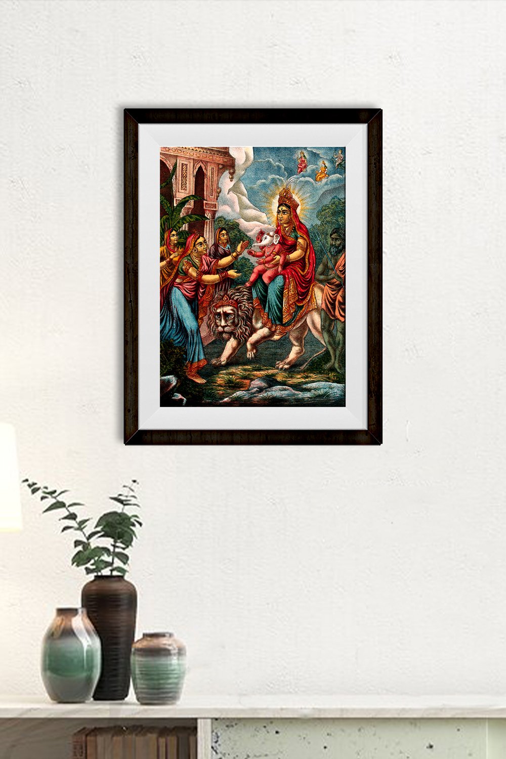 Durga riding on a lion with Ganesha Painting - Meri Deewar 3 : 4.2 Vertical Premium Wall Art Canvas by MeriDeewar
