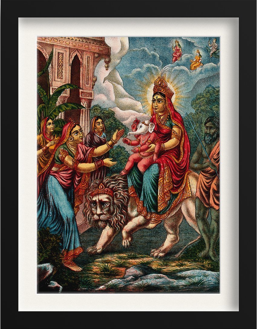 Durga riding on a lion with Ganesha Painting - Meri Deewar 3 : 4.2 Vertical Premium Wall Art Canvas by MeriDeewar