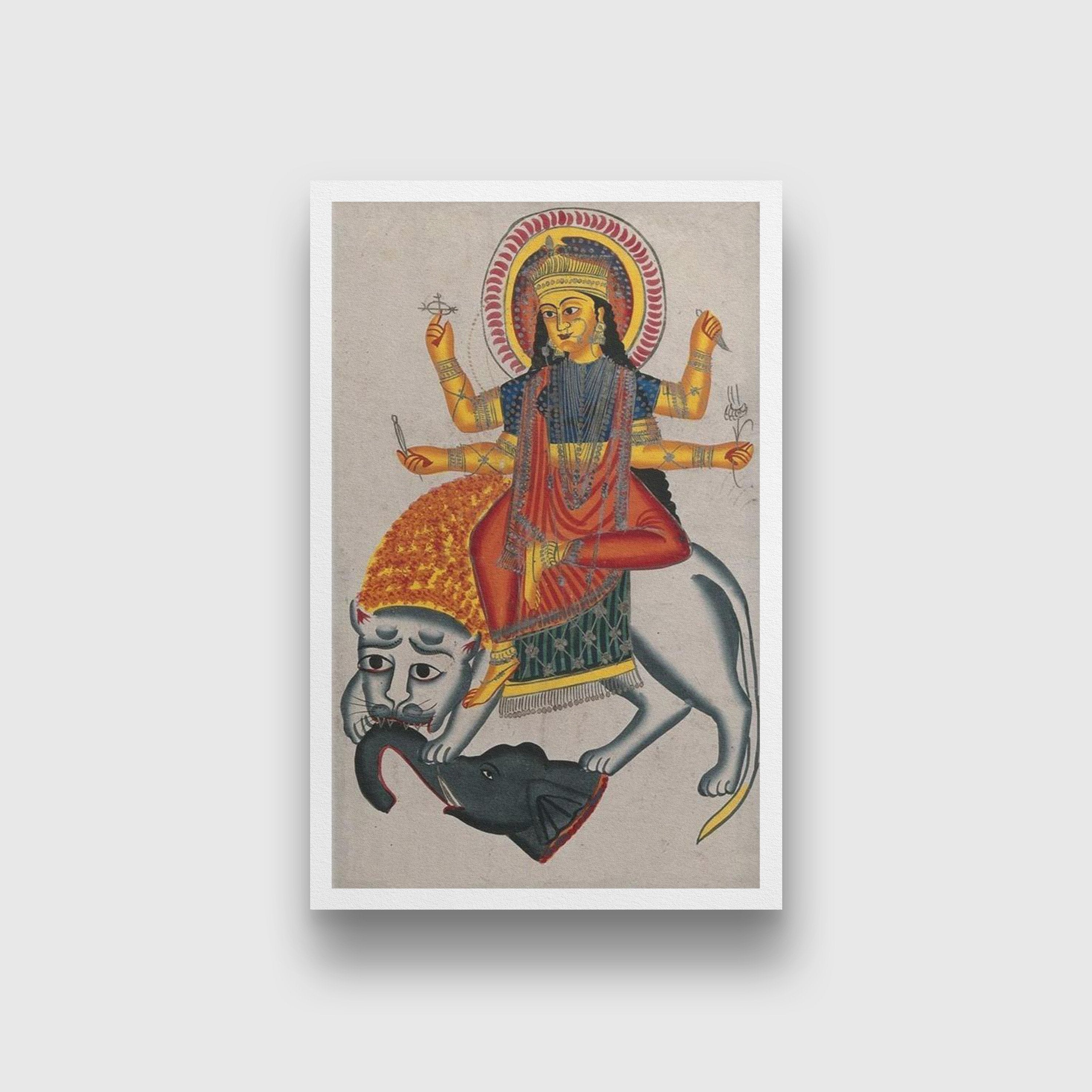 Durga-riding-on-her-lion-killing-a-demon Painting - Meri Deewar 2 : 3 Vertical Premium Wall Art Canvas by MeriDeewar