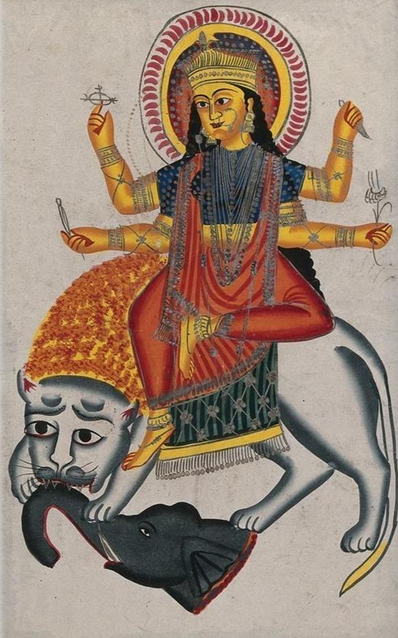 Durga-riding-on-her-lion-killing-a-demon Painting - Meri Deewar 2 : 3 Vertical Premium Wall Art Canvas by MeriDeewar