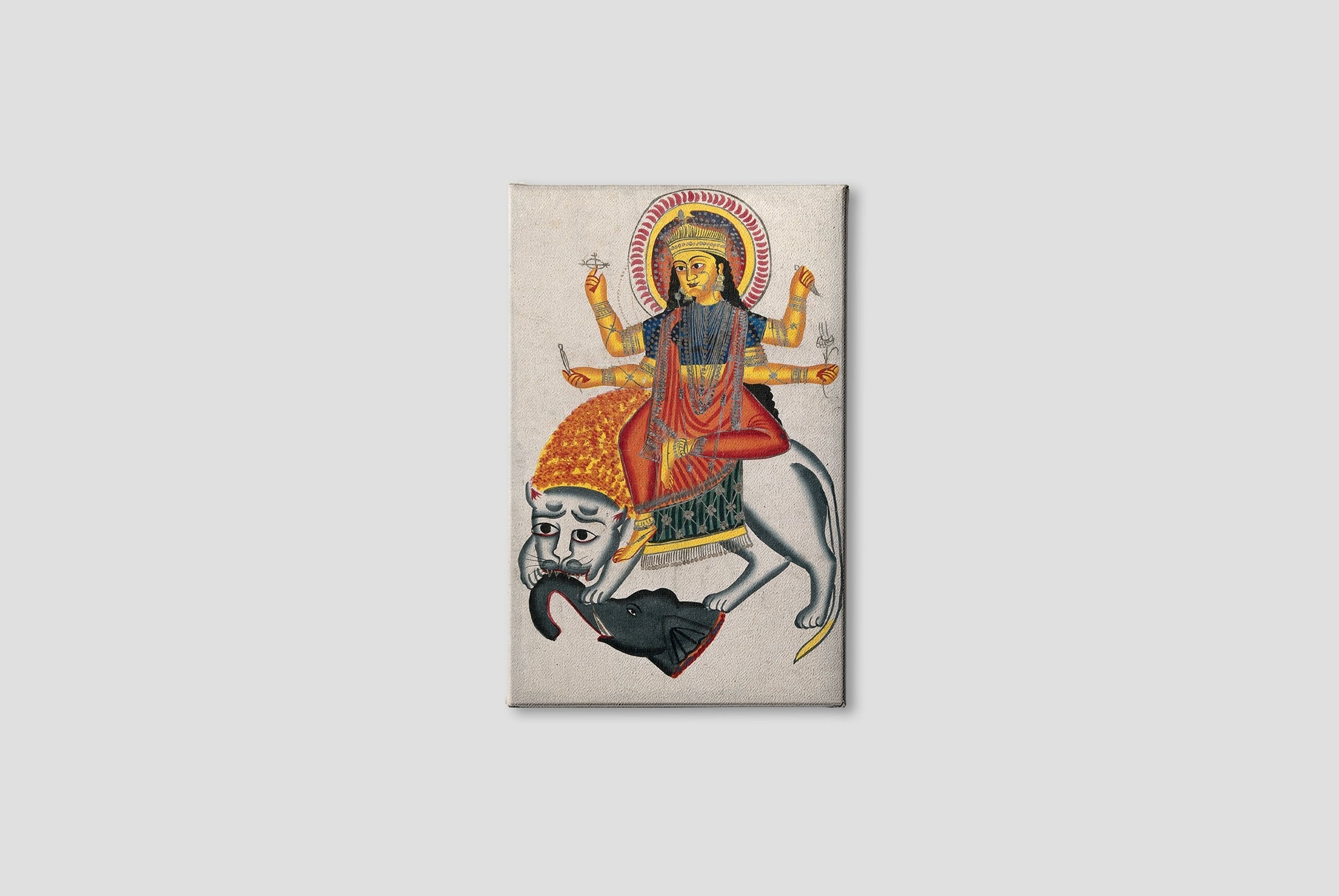 Durga-riding-on-her-lion-killing-a-demon Painting - Meri Deewar 2 : 3 Vertical Premium Wall Art Canvas by MeriDeewar
