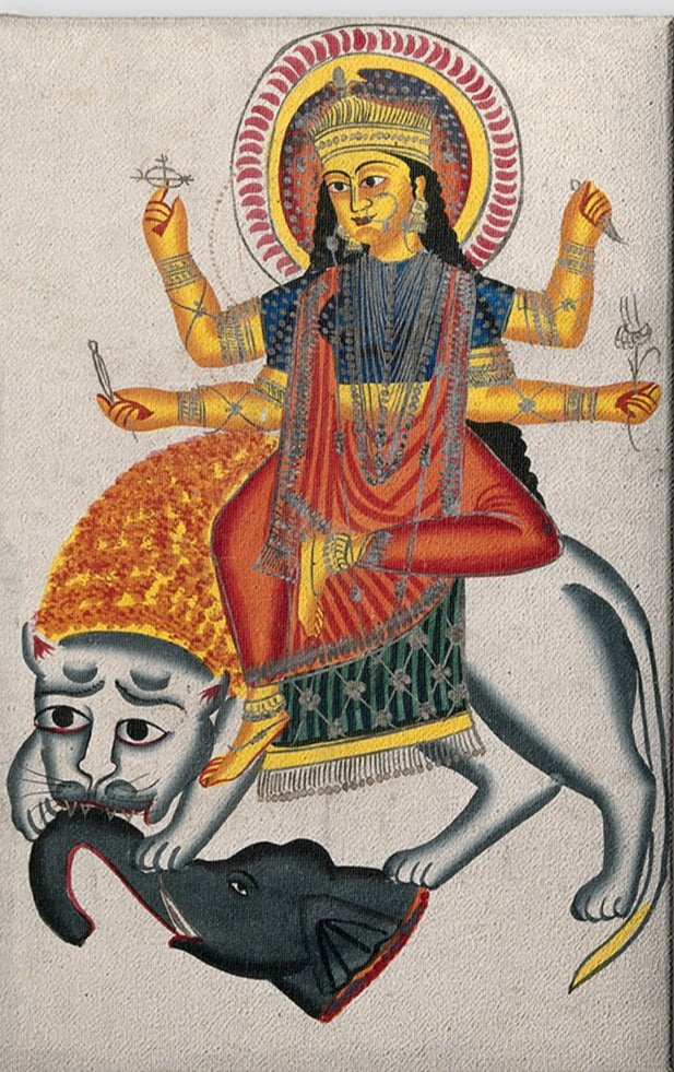 Durga-riding-on-her-lion-killing-a-demon Painting - Meri Deewar 2 : 3 Vertical Premium Wall Art Canvas by MeriDeewar