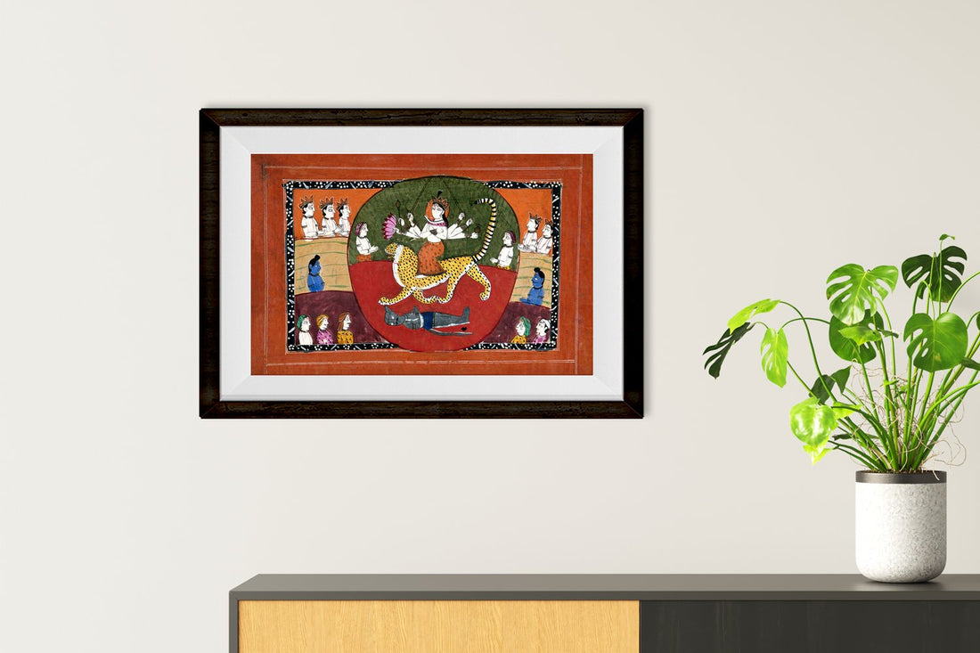Durga slaying the Buffalo demon surrounded by devotees Painting - Meri Deewar 3 : 2 Horizontal Premium Wall Art Canvas by MeriDeewar