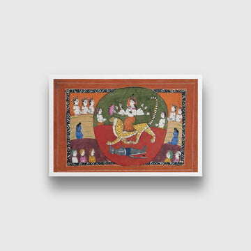 Durga slaying the Buffalo demon surrounded by devotees Painting - Meri Deewar 3 : 2 Horizontal Premium Wall Art Canvas by MeriDeewar