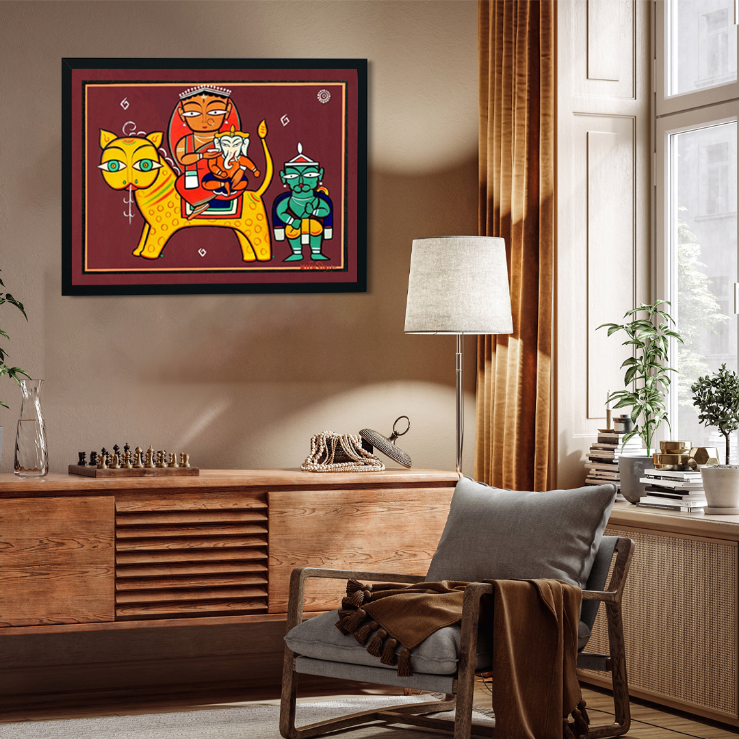 Durga with Ganesh Painting 4 : 3 Horizontal Premium Wall Art Canvas by MeriDeewar