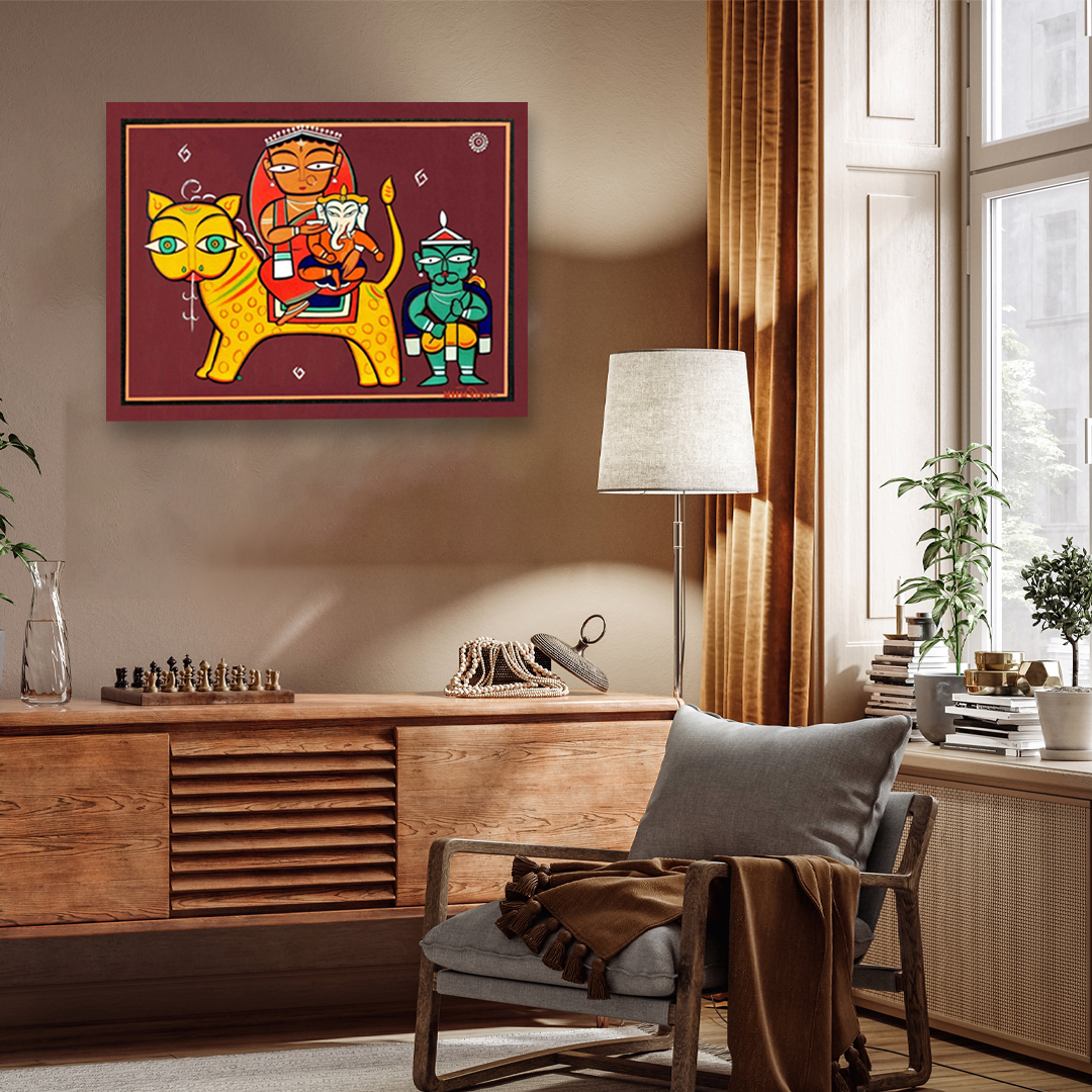 Durga with Ganesh Painting 4 : 3 Horizontal Premium Wall Art Canvas by MeriDeewar