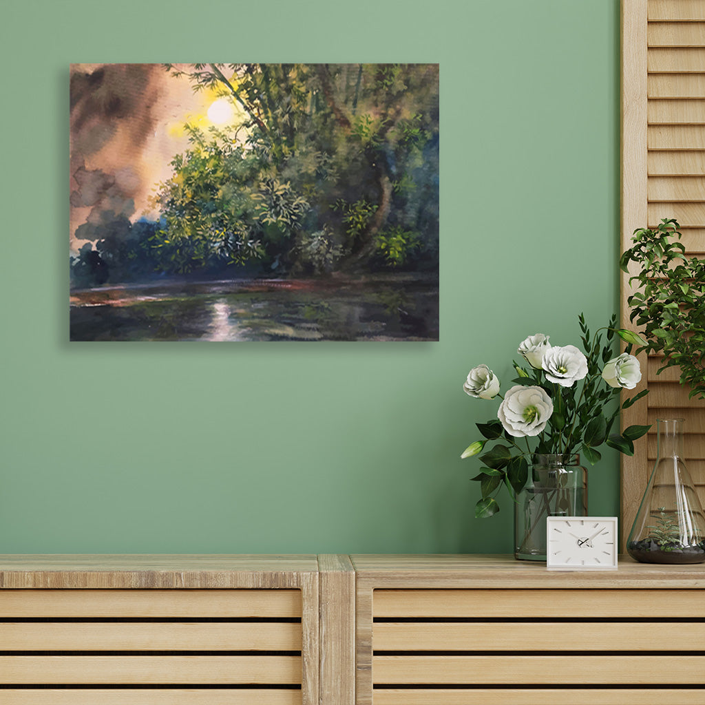 Early Morning in Village Painting - Meri Deewar 4 : 3 Horizontal Premium Wall Art Canvas by MeriDeewar