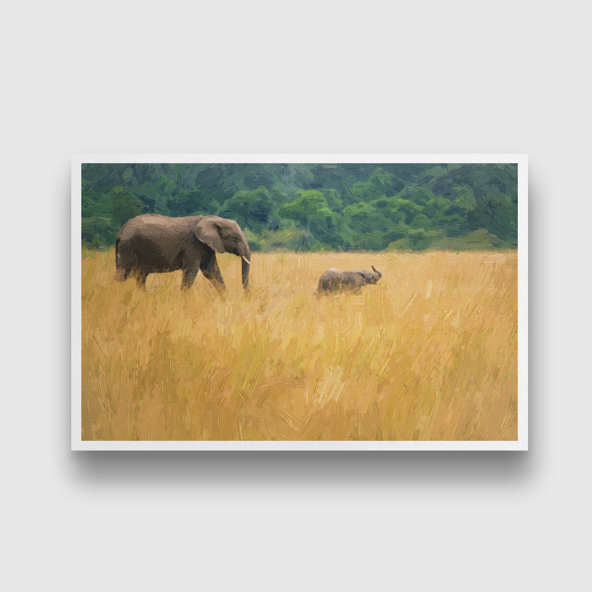 Elephant mother and baby on a nature with mountains painting - Meri Deewar 3 : 2 Horizontal Premium Wall Art Canvas by MeriDeewar