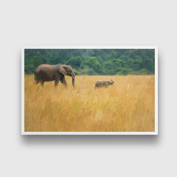 Elephant mother and baby on a nature with mountains painting - Meri Deewar 3 : 2 Horizontal Premium Wall Art Canvas by MeriDeewar