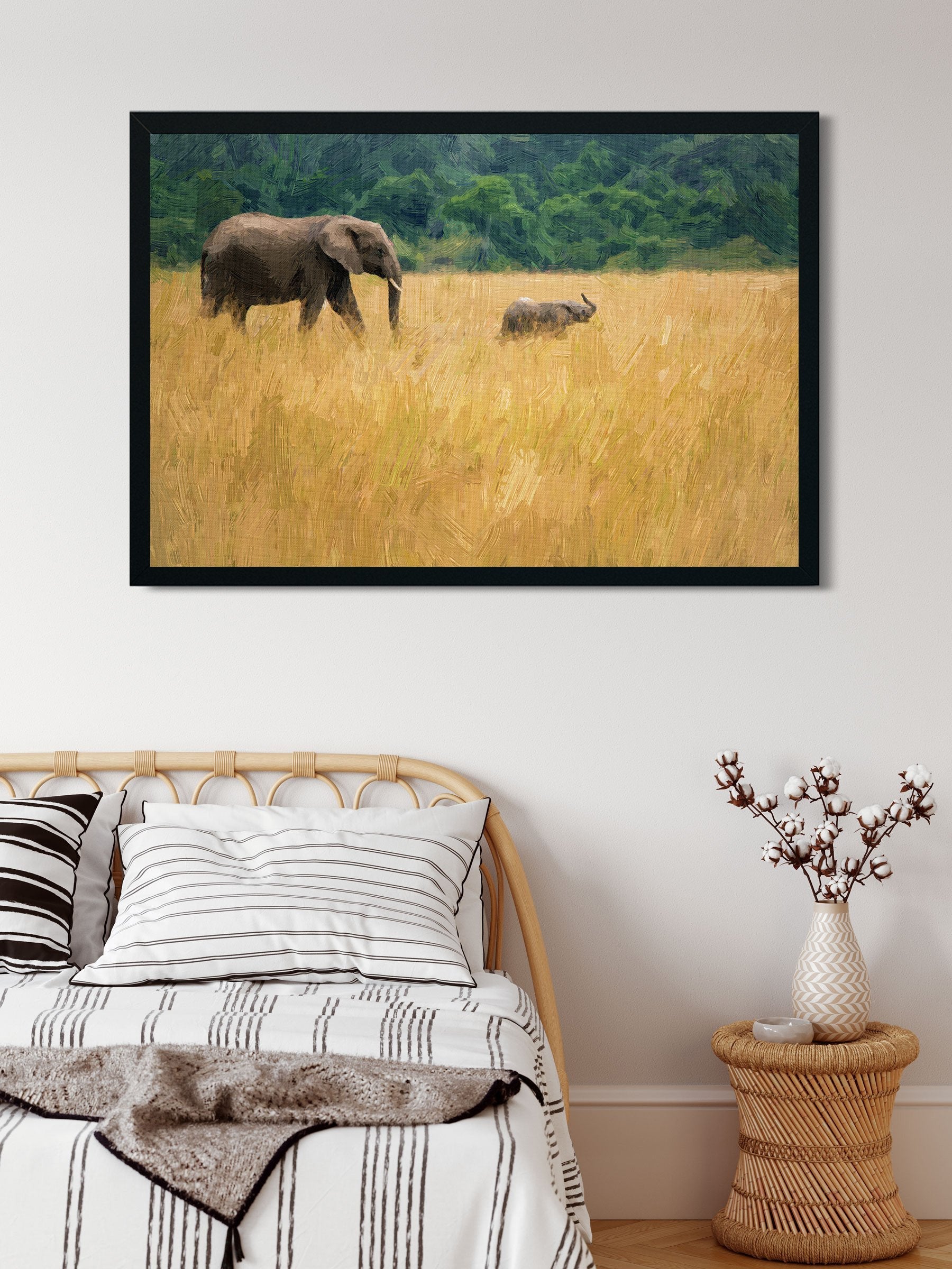 Elephant mother and baby on a nature with mountains painting - Meri Deewar 3 : 2 Horizontal Premium Wall Art Canvas by MeriDeewar