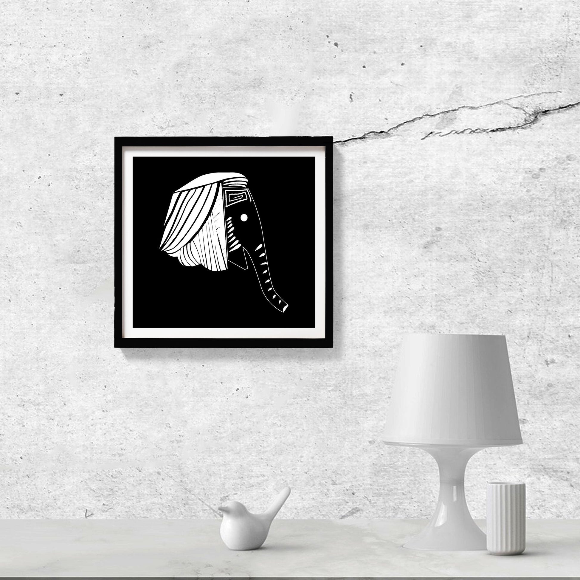 Elephant Travel Black and White Art Painting - Meri Deewar 1 : 1 Square Premium Wall Art Canvas by MeriDeewar