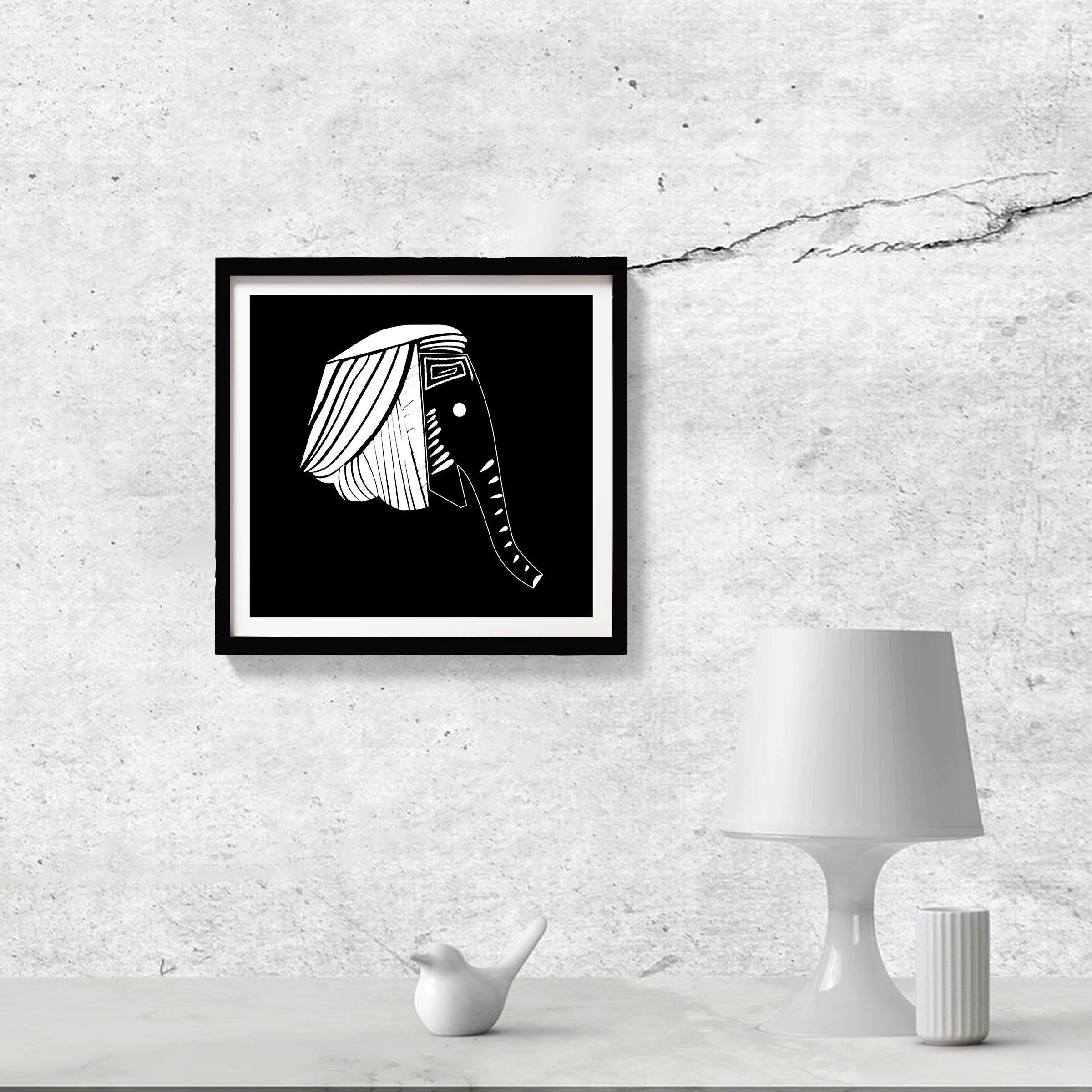Elephant Travel Black and White Art Painting - Meri Deewar 1 : 1 Square Premium Wall Art Canvas by MeriDeewar
