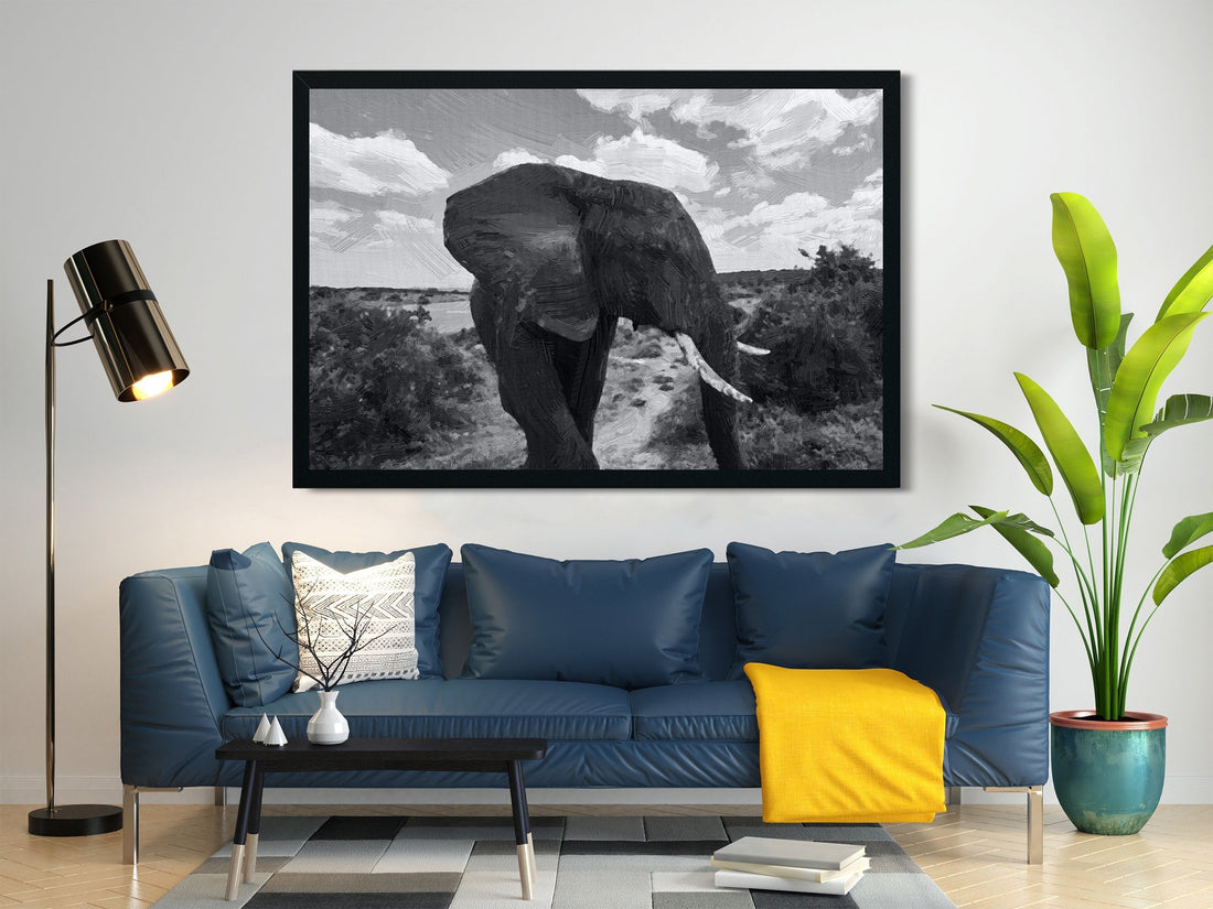 Elephants in black and white painting - Meri Deewar 3 : 2 Horizontal Premium Wall Art Canvas by MeriDeewar