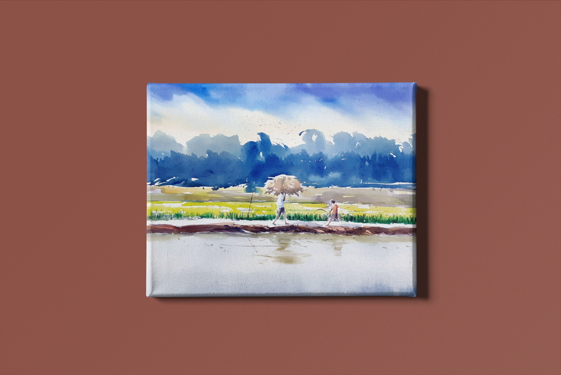 Indian Village Scenery Painting for Living Room | Watercolour Farm Landscape Wall Art 5 : 4 Horizontal Premium Wall Art Canvas by MeriDeewar
