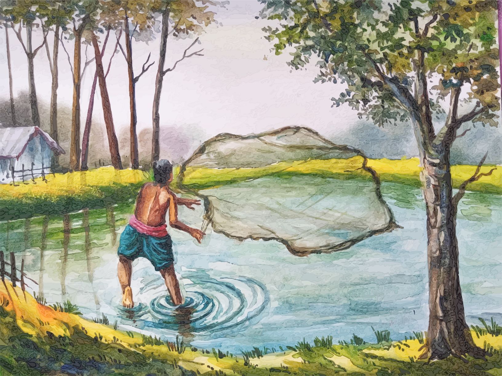 Fishing Advenures Painting - Meri Deewar 4 : 3 Horizontal Premium Wall Art Canvas by MeriDeewar