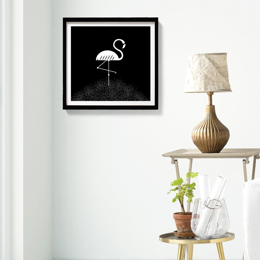Flamingo Travel Black and White Art Painting - Meri Deewar 1 : 1 Square Premium Wall Art Canvas by MeriDeewar