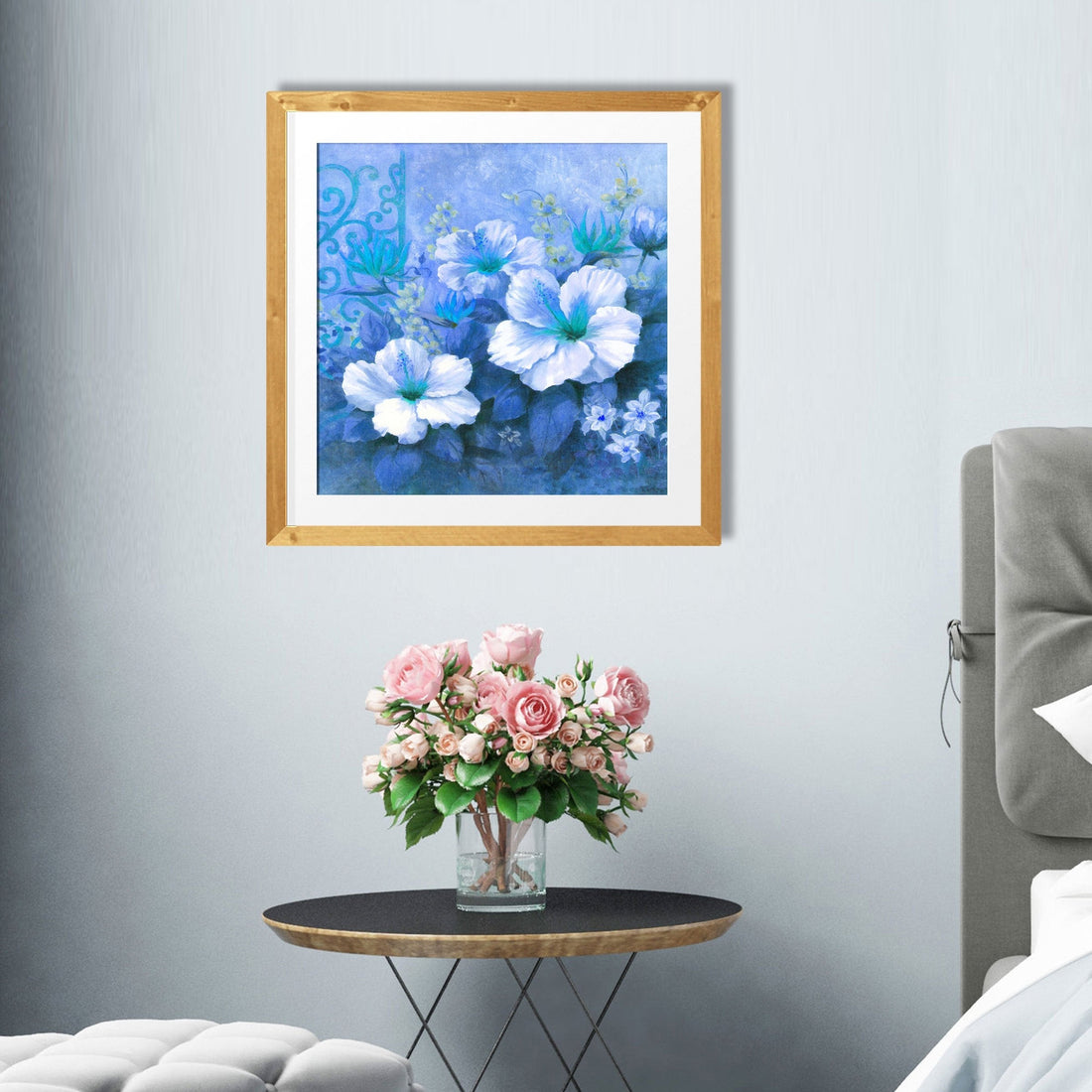 Flower in Blue Wall Art Painting - Meri Deewar 1 : 1 Square Premium Wall Art Canvas by MeriDeewar