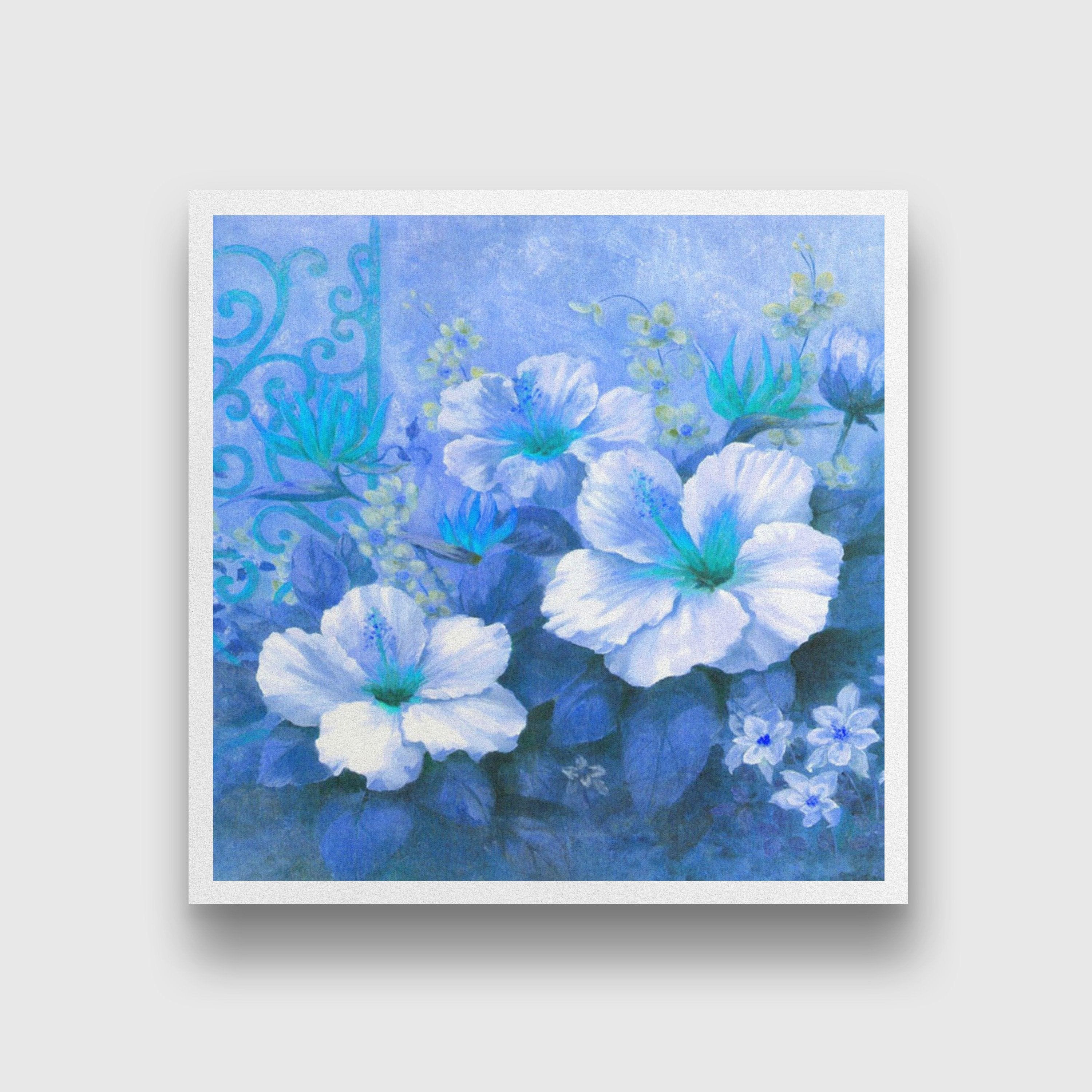 Flower in Blue Wall Art Painting - Meri Deewar 1 : 1 Square Premium Wall Art Canvas by MeriDeewar