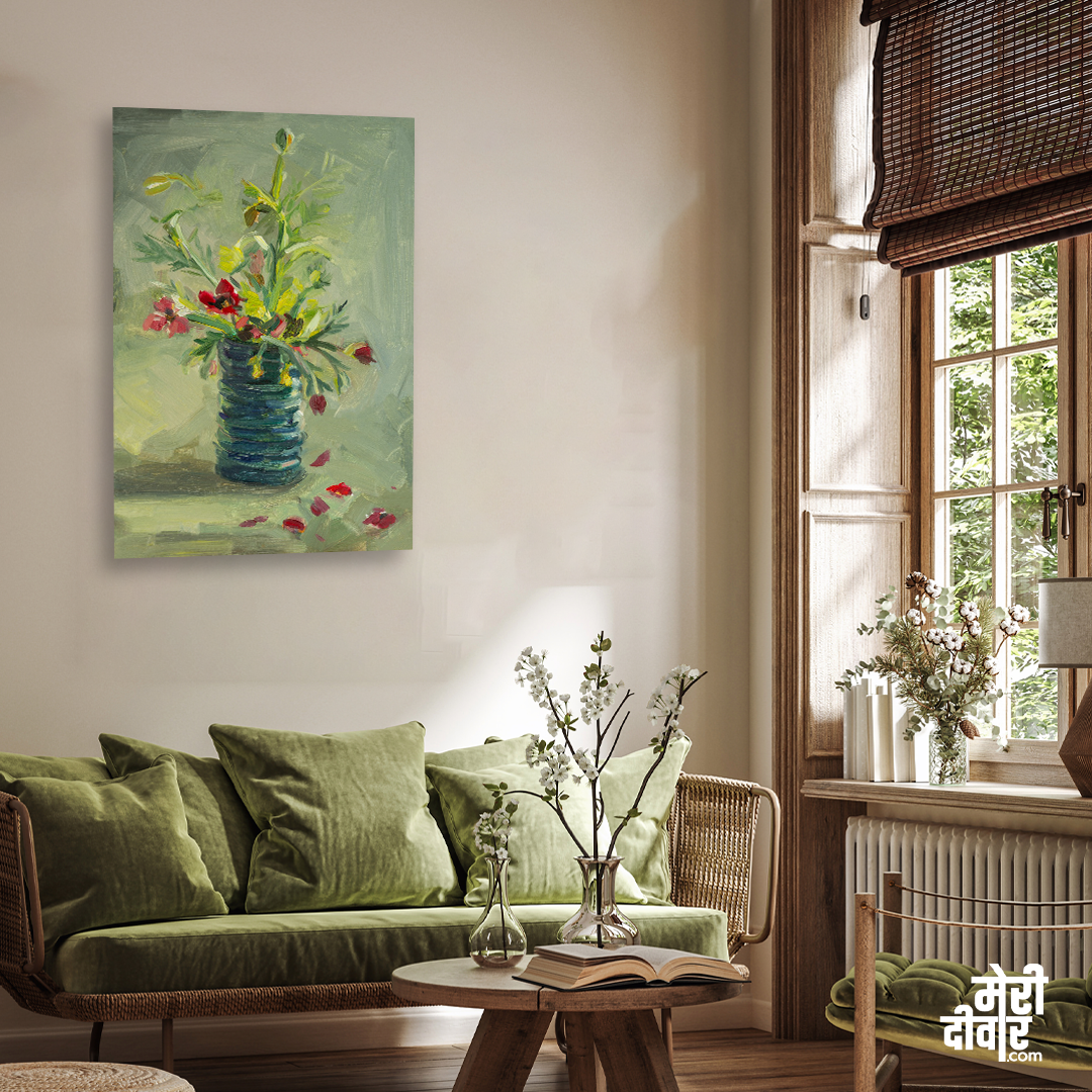 Flowers Vase Oil Painting 2 : 3 Vertical Premium Wall Art Canvas by MeriDeewar