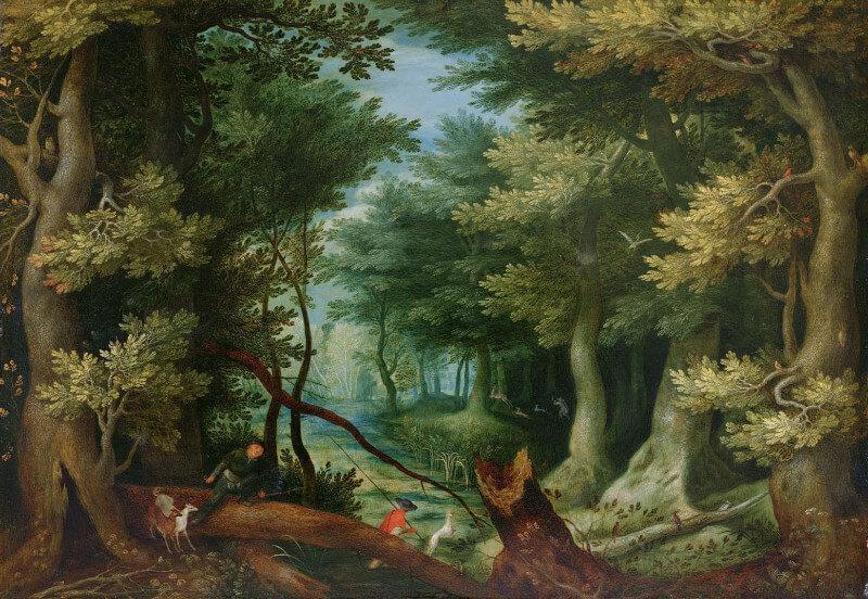 Forest Landscape With Stag Hunt Painting - Meri Deewar 3 : 2 Horizontal Premium Wall Art Canvas by MeriDeewar