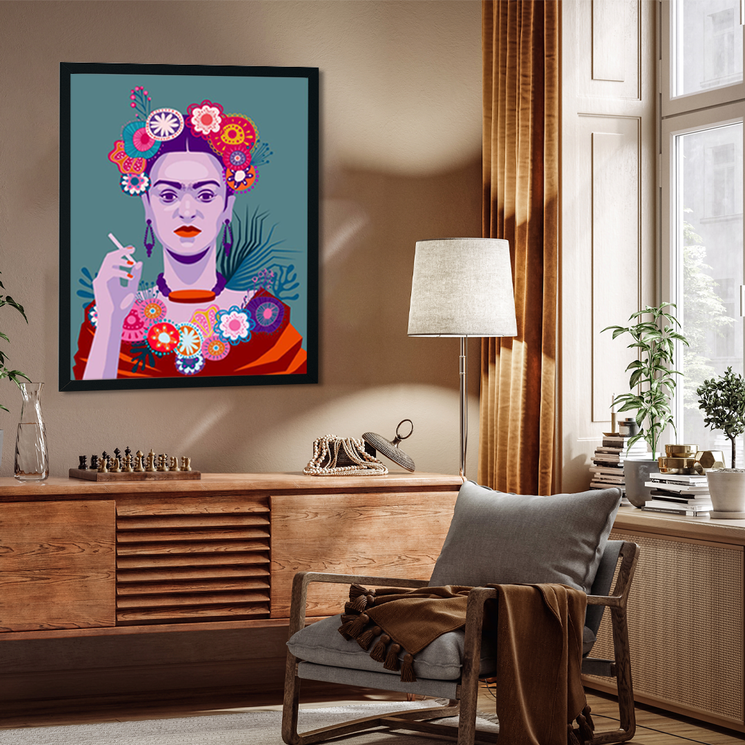 Frida Kahlo with Cigarette on Blue Background Painting 3 : 4 Vertical Premium Wall Art Canvas by MeriDeewar