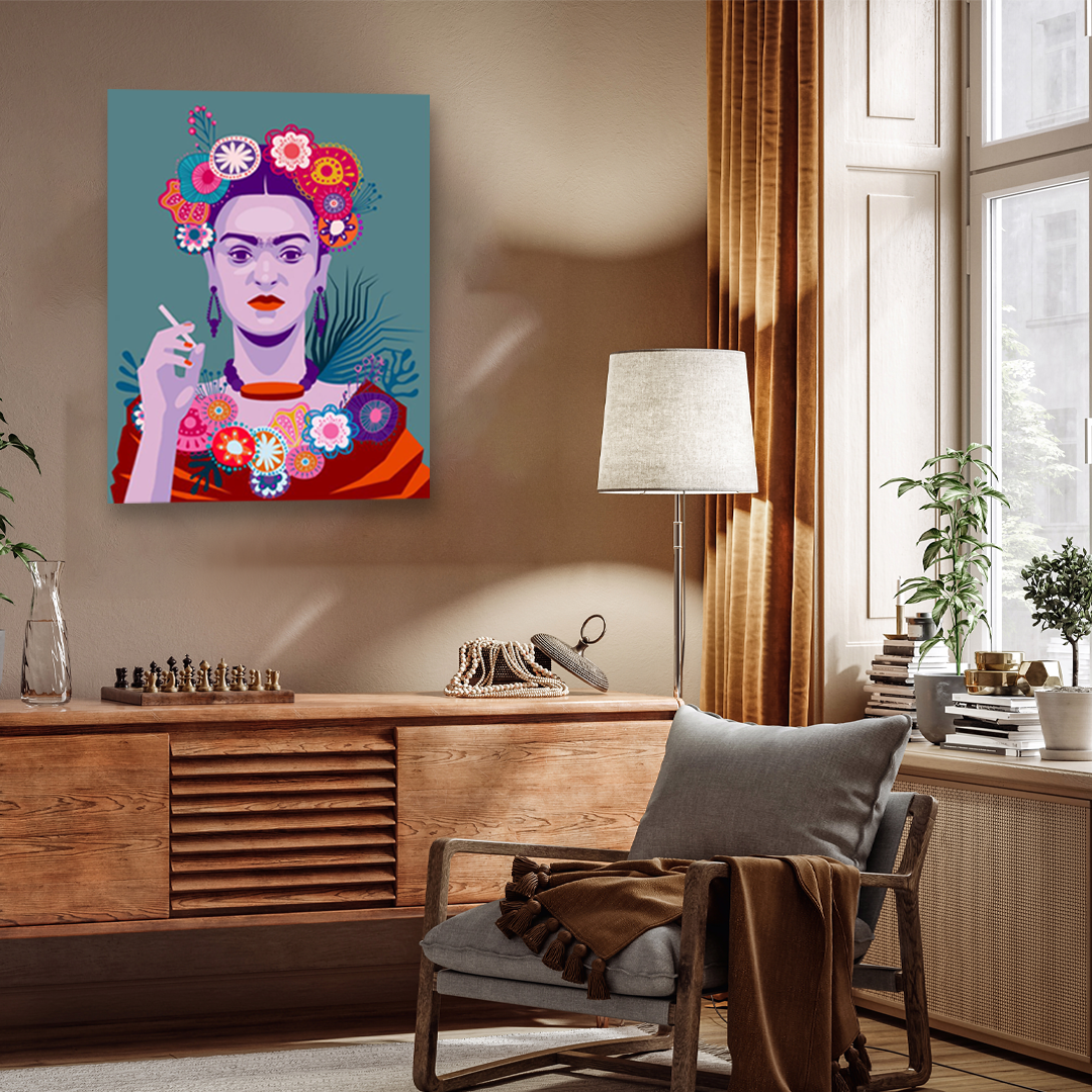 Frida Kahlo with Cigarette on Blue Background Painting 3 : 4 Vertical Premium Wall Art Canvas by MeriDeewar