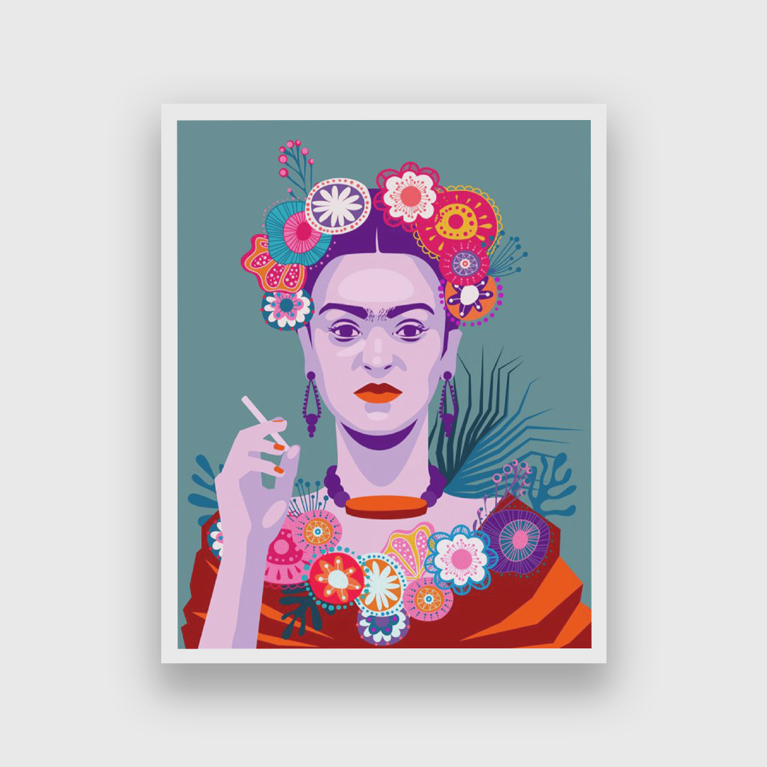 Frida Kahlo with Cigarette on Blue Background Painting 3 : 4 Vertical Premium Wall Art Canvas by MeriDeewar