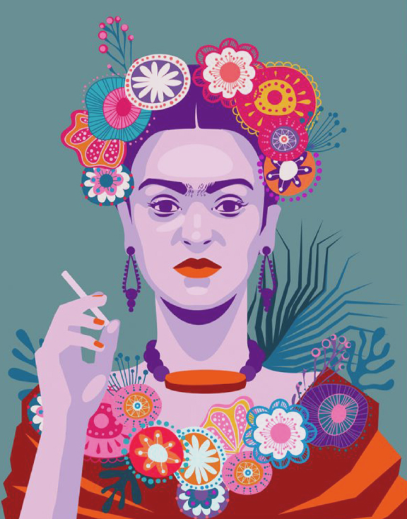 Frida Kahlo with Cigarette on Blue Background Painting 3 : 4 Vertical Premium Wall Art Canvas by MeriDeewar