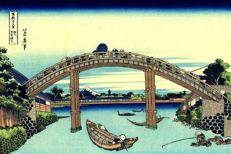 fuji seen through the mannen bridge at fukagawa Painting - Meri Deewar - MeriDeewar