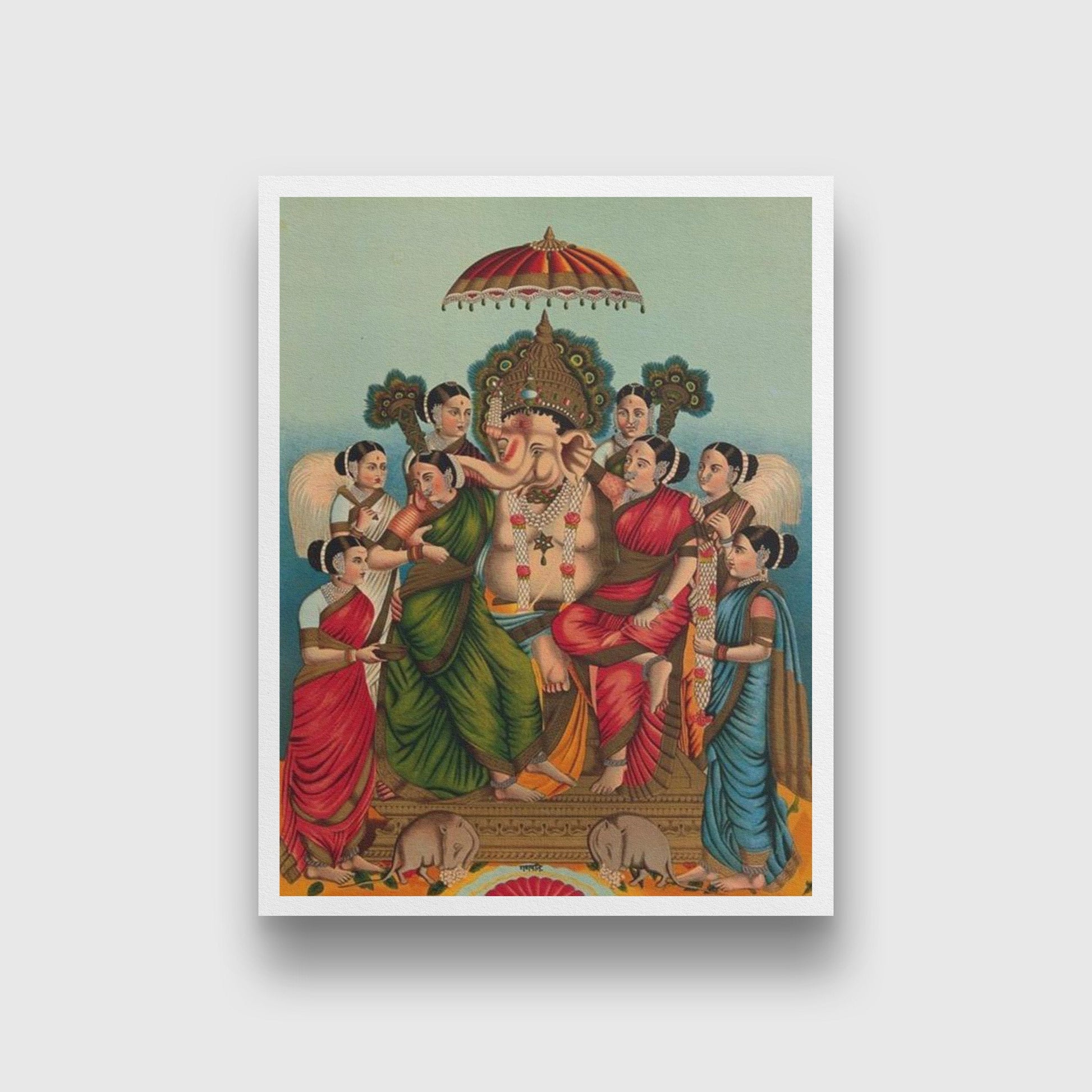 Ganesha and his two wives, Riddhi and Siddhi Painting - Meri Deewar 3 : 4 Vertical Premium Wall Art Canvas by MeriDeewar