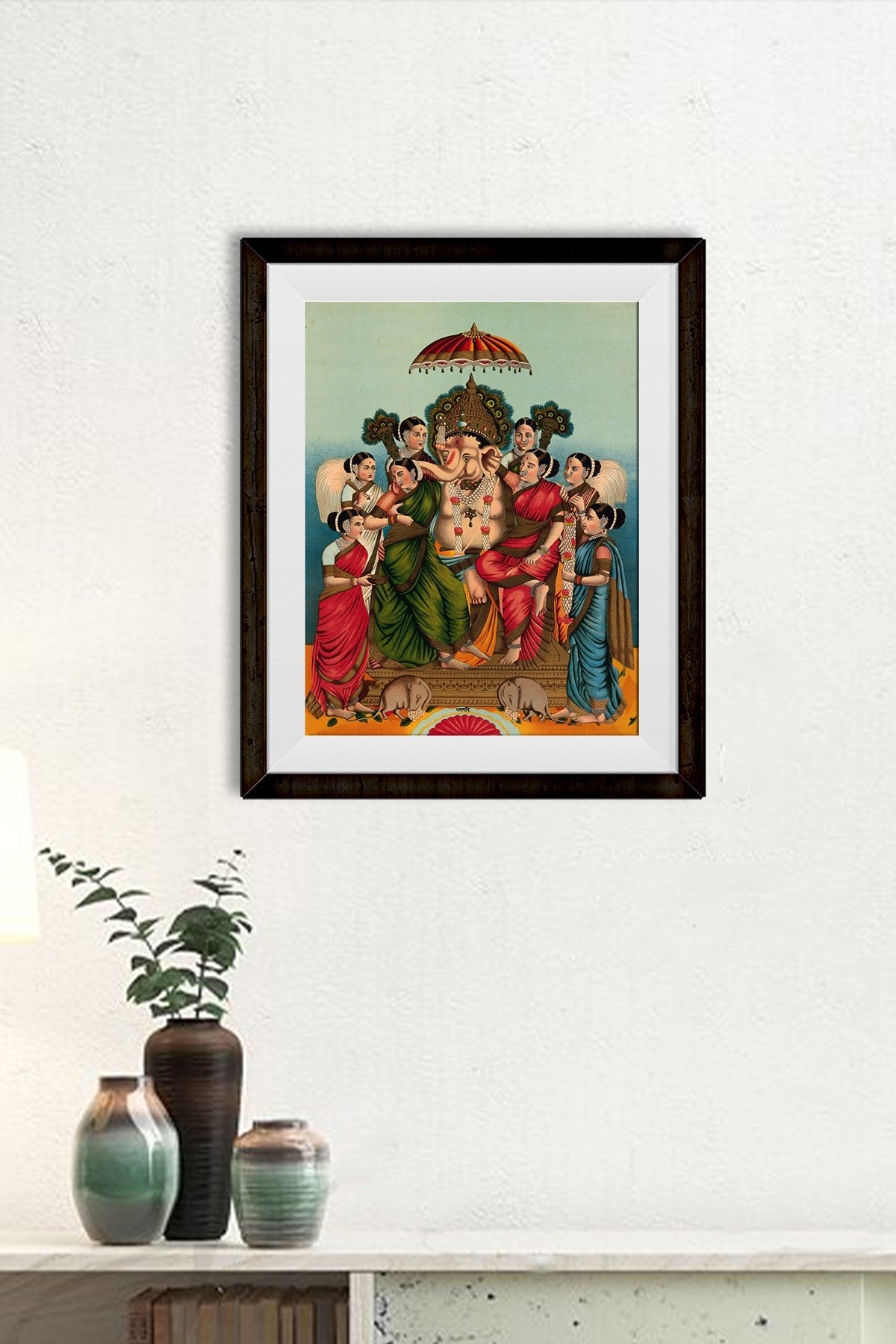 Ganesha and his two wives, Riddhi and Siddhi Painting - Meri Deewar 3 : 4 Vertical Premium Wall Art Canvas by MeriDeewar