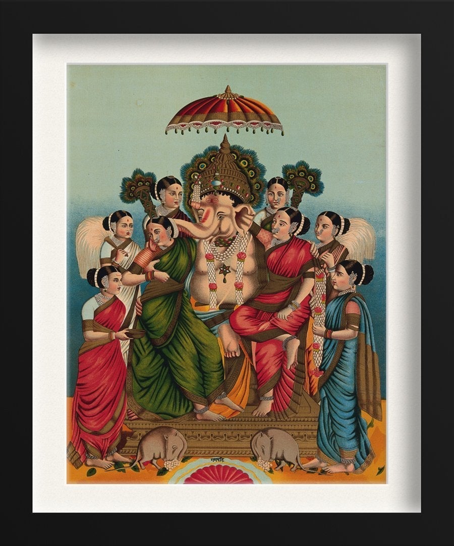 Ganesha and his two wives, Riddhi and Siddhi Painting - Meri Deewar 3 : 4 Vertical Premium Wall Art Canvas by MeriDeewar