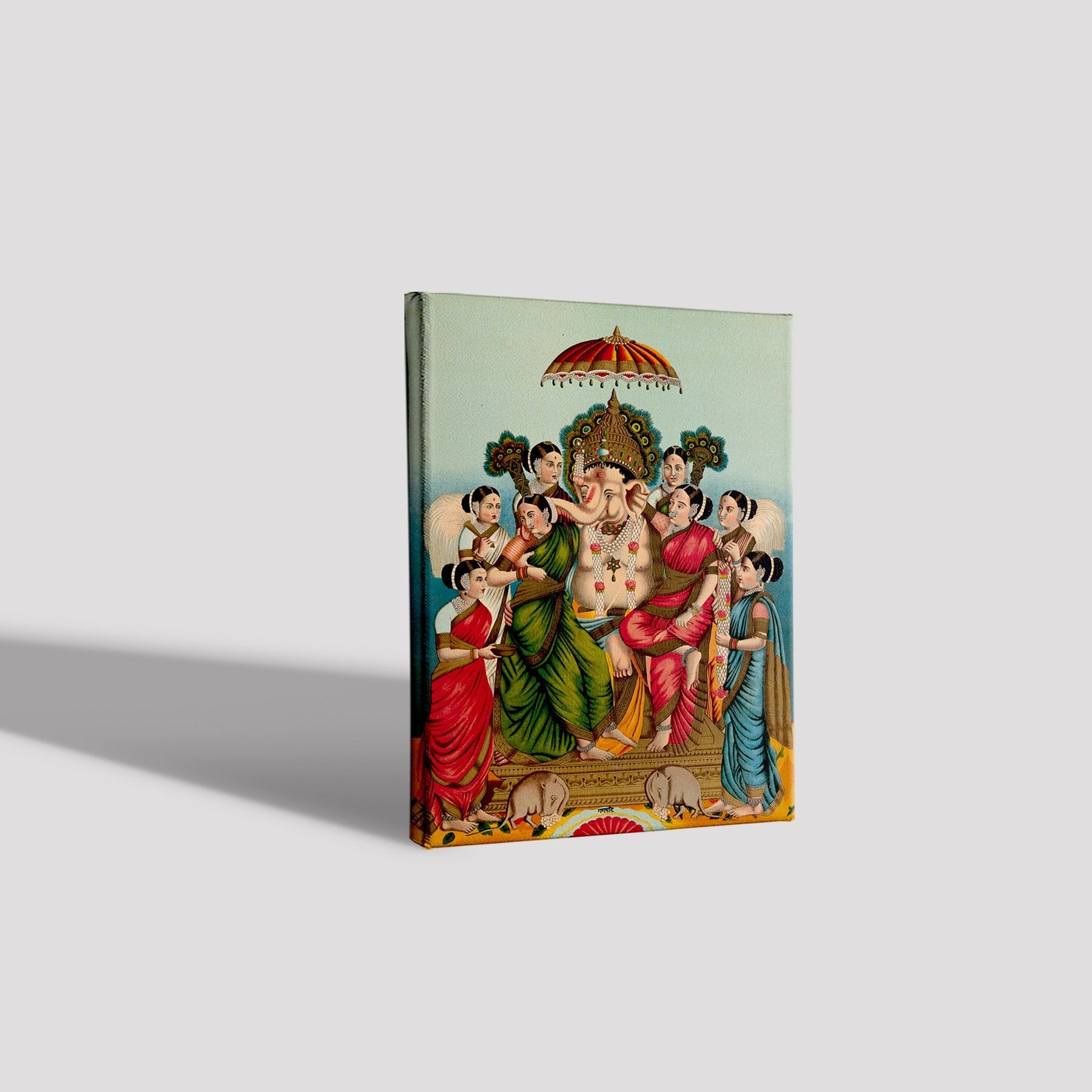 Ganesha and his two wives, Riddhi and Siddhi Painting - Meri Deewar 3 : 4 Vertical Premium Wall Art Canvas by MeriDeewar