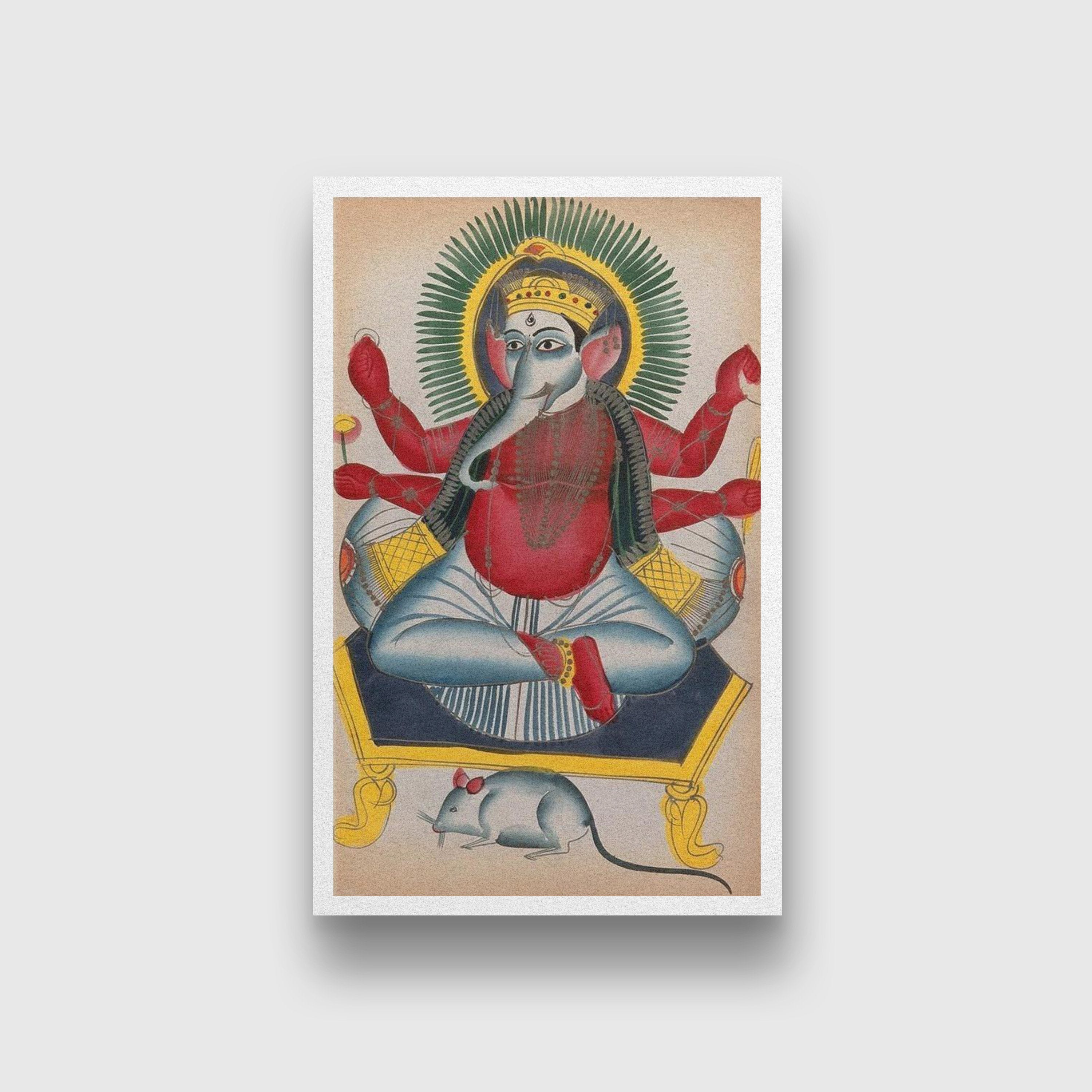 Ganesha enthroned holding his symbols with his rat Painting - Meri Deewar 2 : 3 Vertical Premium Wall Art Canvas by MeriDeewar