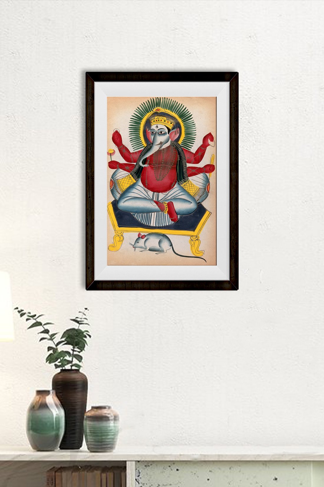 Ganesha enthroned holding his symbols with his rat Painting - Meri Deewar 2 : 3 Vertical Premium Wall Art Canvas by MeriDeewar