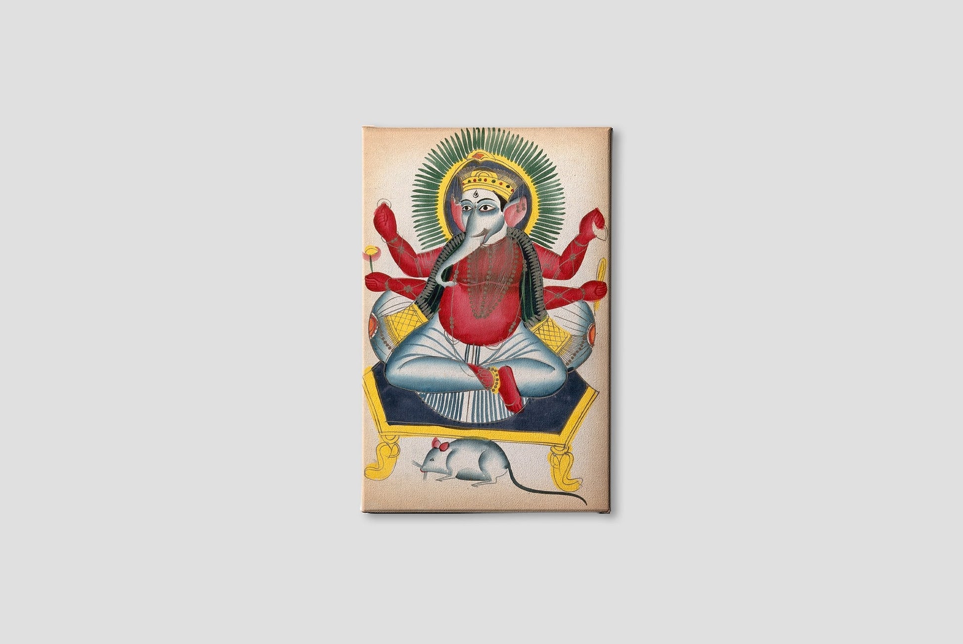 Ganesha enthroned holding his symbols with his rat Painting - Meri Deewar 2 : 3 Vertical Premium Wall Art Canvas by MeriDeewar