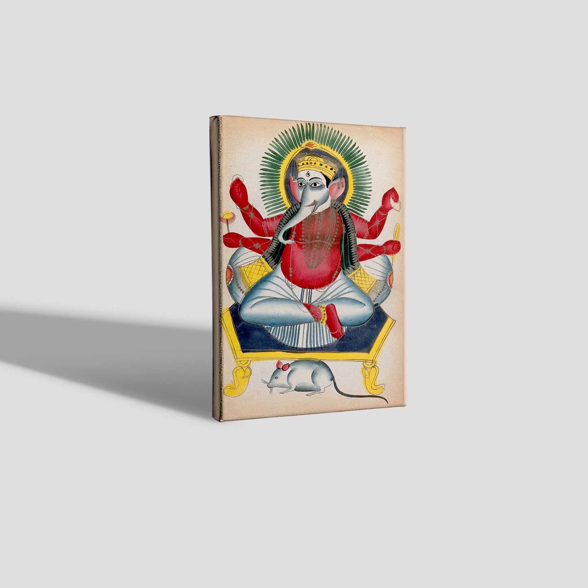 Ganesha enthroned holding his symbols with his rat Painting - Meri Deewar 2 : 3 Vertical Premium Wall Art Canvas by MeriDeewar