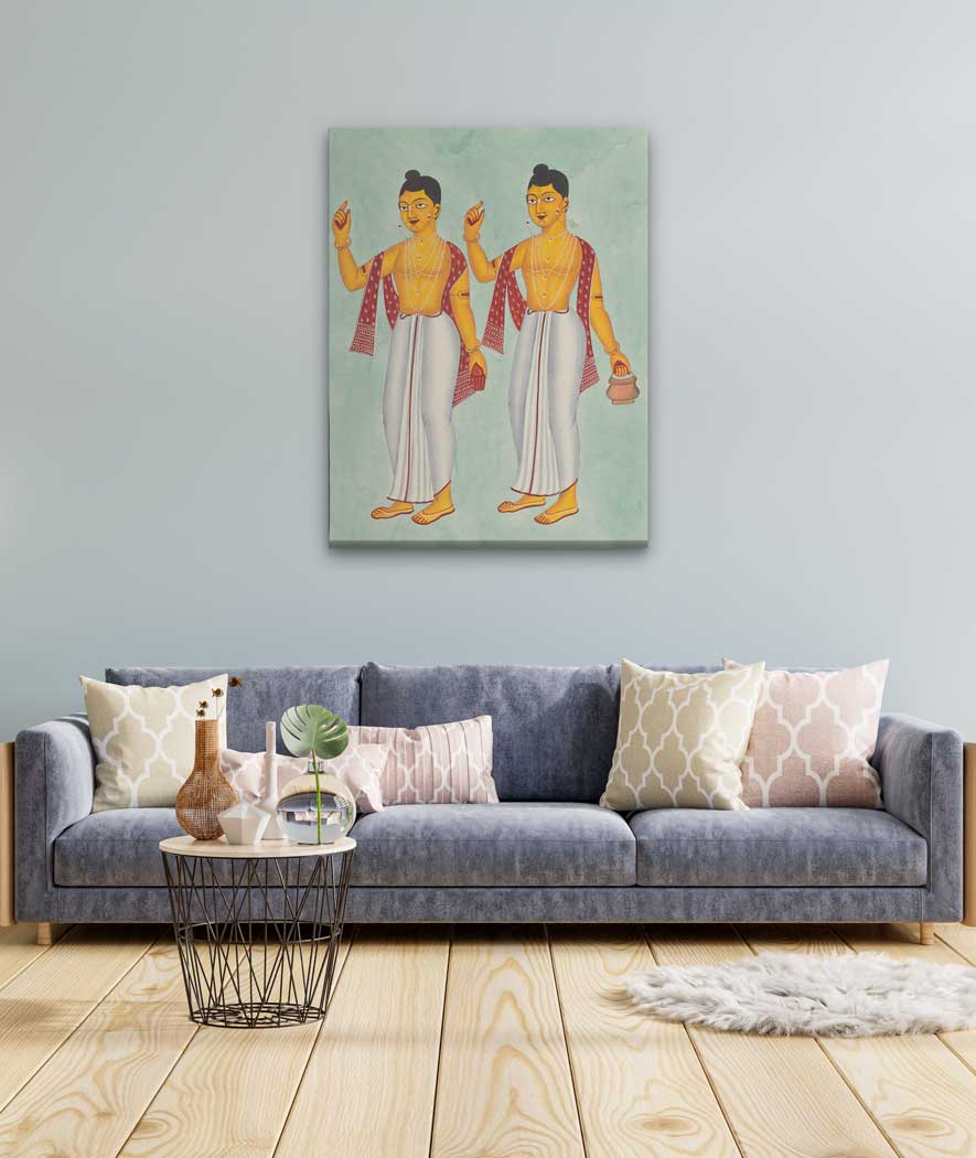 Gaur and Nitai Kalighat Art Painting 3 : 4 Vertical Premium Wall Art Canvas by MeriDeewar