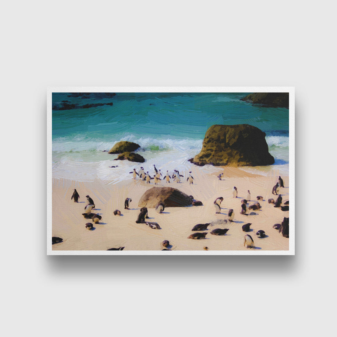 Gentoo Penguin walking on the Beach painting - Meri Deewar 3 : 2 Horizontal Premium Wall Art Canvas by MeriDeewar