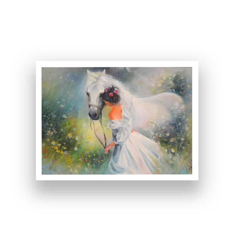Girl with a Horse Wall Painting 3 : 2 Horizontal Premium Wall Art Canvas by MeriDeewar