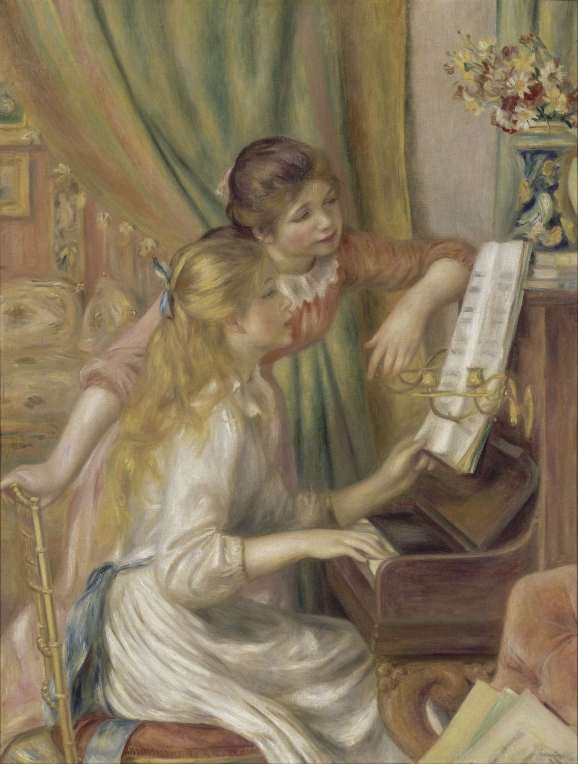 Girls at the Piano Painting - Meri Deewar 3 : 4 Vertical Premium Wall Art Canvas by MeriDeewar