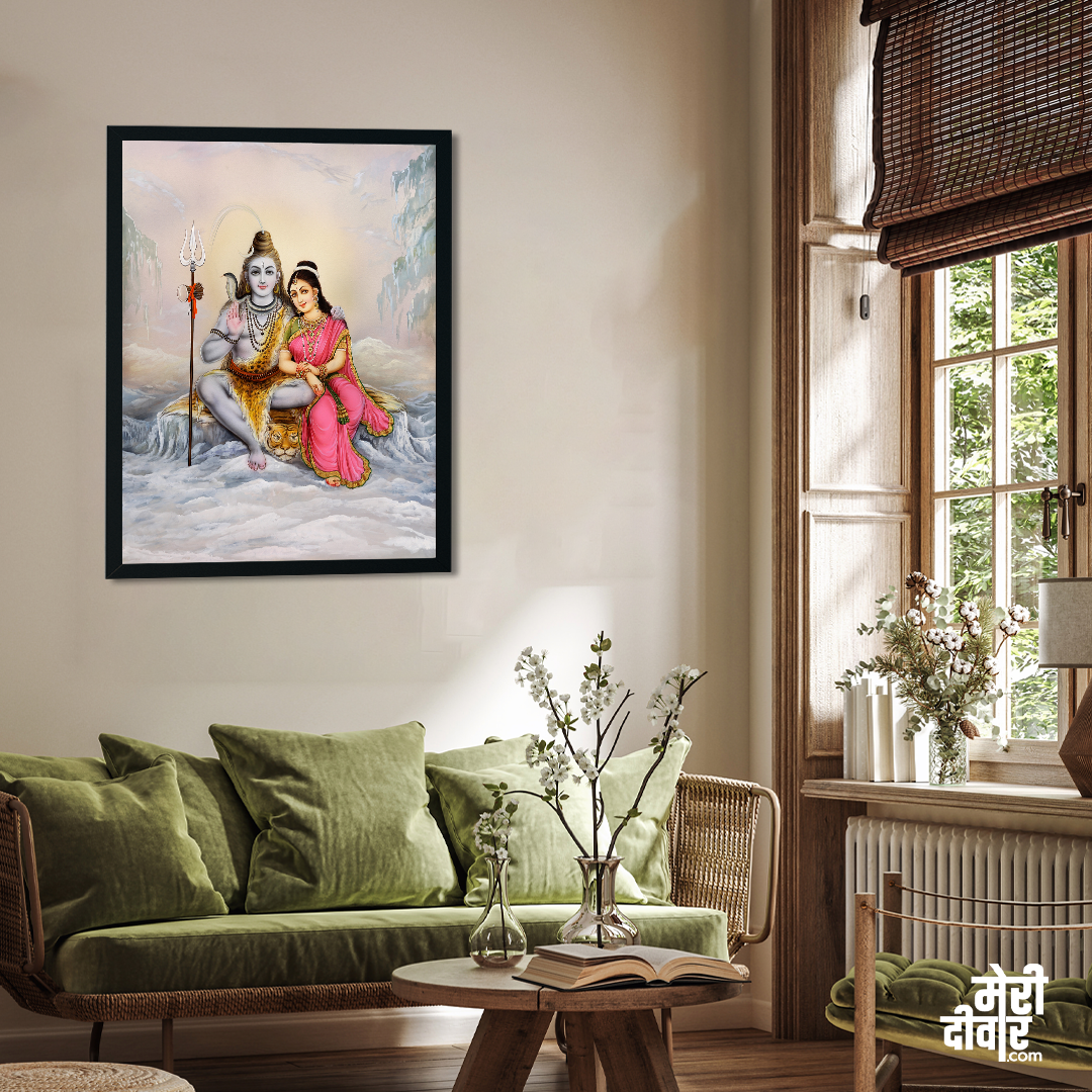 God Shiva Parvati Spiritual Wall Painting 3 : 4 Vertical Premium Wall Art Canvas by MeriDeewar