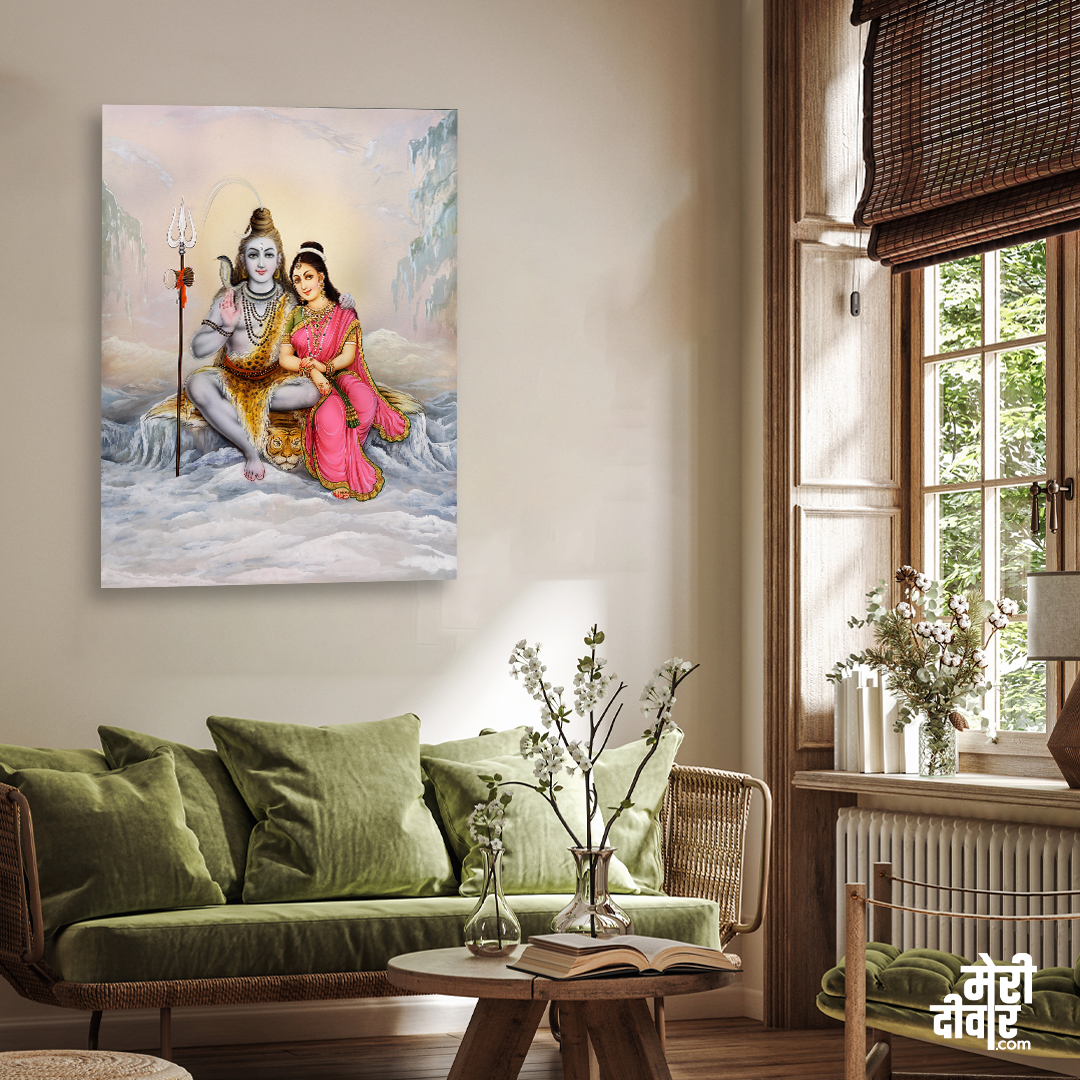 God Shiva Parvati Spiritual Wall Painting 3 : 4 Vertical Premium Wall Art Canvas by MeriDeewar