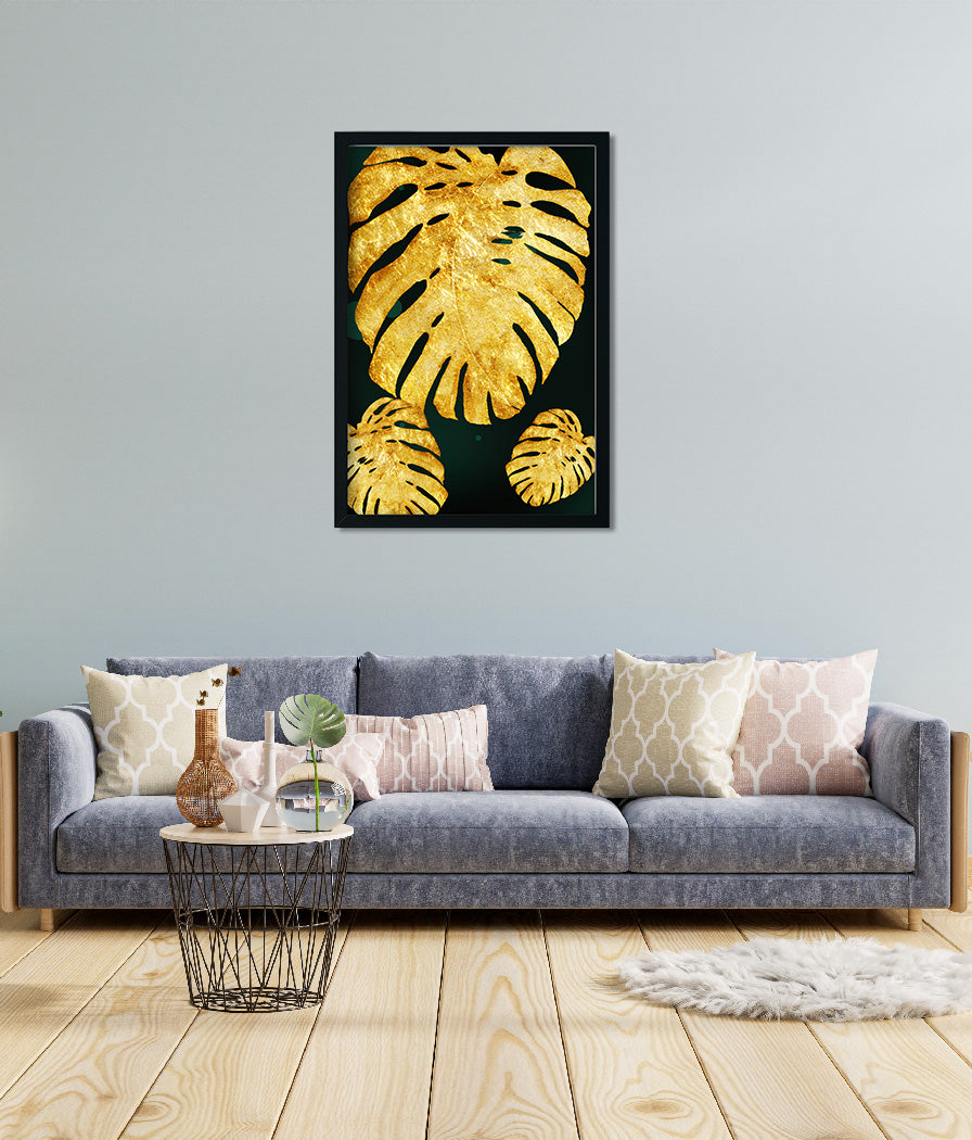 Gold Tropical Leaf Painting 3 : 4.2 Vertical Premium Wall Art Canvas by MeriDeewar