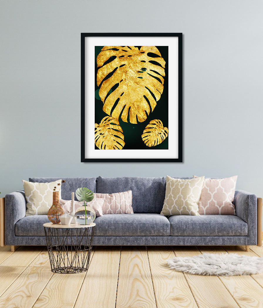 Gold Tropical Leaf Painting 3 : 4.2 Vertical Premium Wall Art Canvas by MeriDeewar