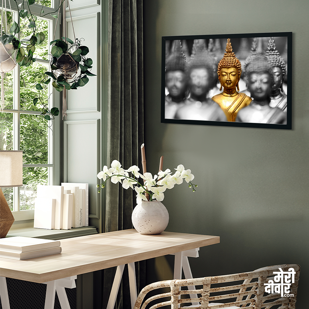 Golden Buddha Statues Spiritual Canvas Wall Painting 2 : 1 Horizontal Premium Wall Art Canvas by MeriDeewar