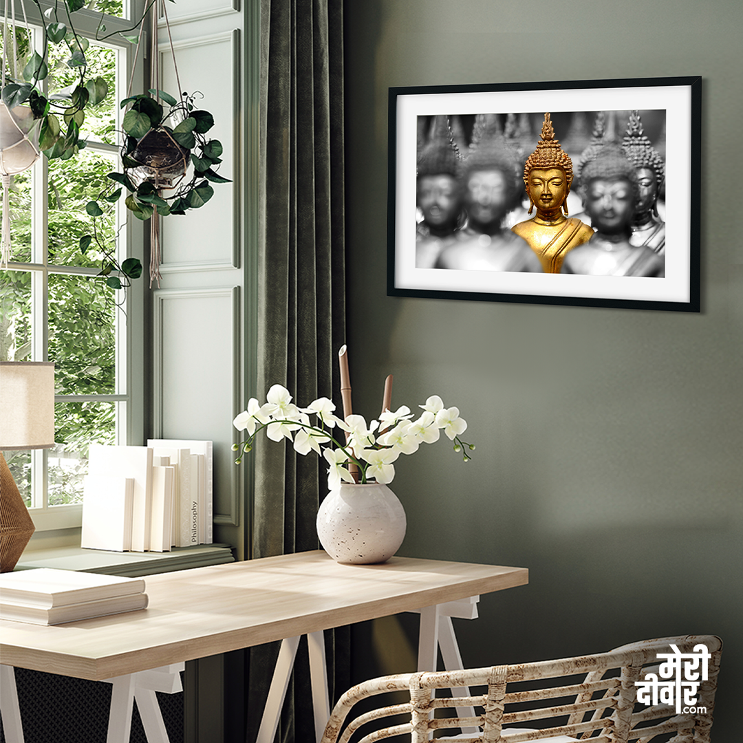 Golden Buddha Statues Spiritual Canvas Wall Painting 2 : 1 Horizontal Premium Wall Art Canvas by MeriDeewar