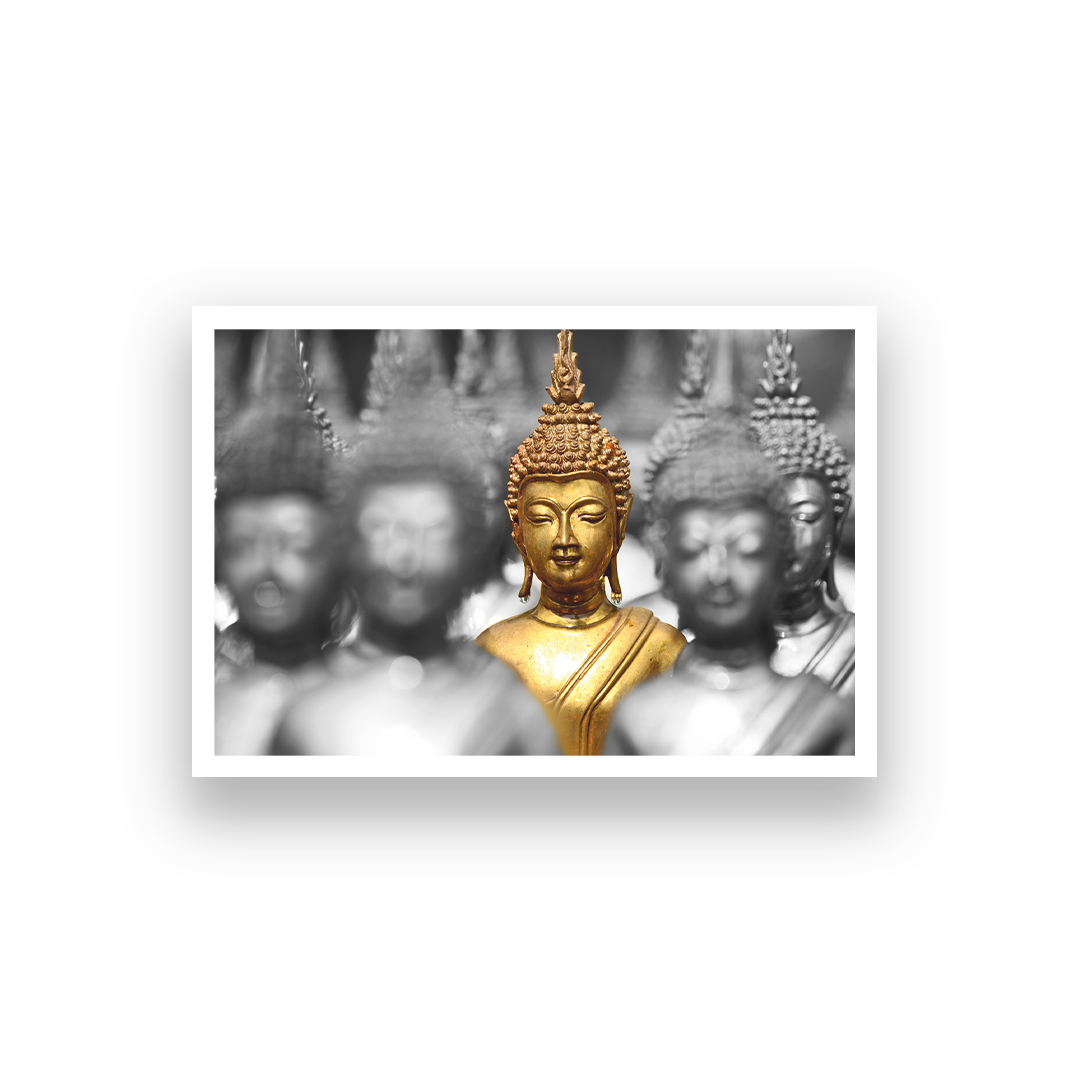 Golden Buddha Statues Spiritual Canvas Wall Painting 2 : 1 Horizontal Premium Wall Art Canvas by MeriDeewar