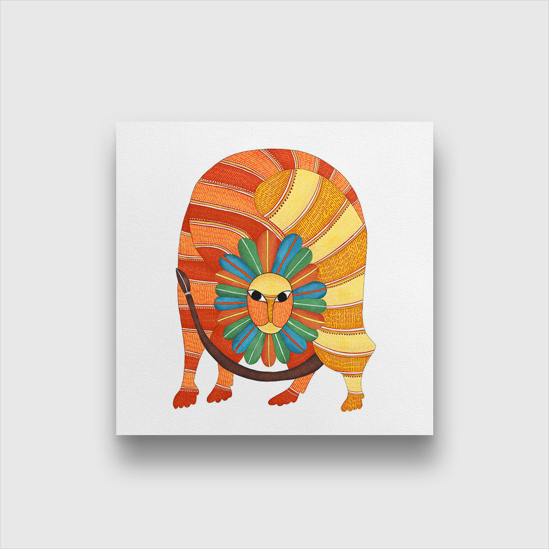 Gond Art lion Illustration Painting 1 : 1 Square Premium Wall Art Canvas by MeriDeewar