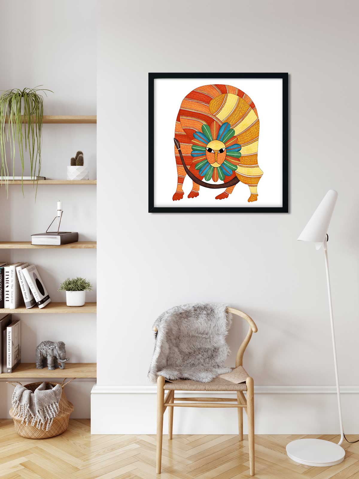 Gond Art lion Illustration Painting 1 : 1 Square Premium Wall Art Canvas by MeriDeewar
